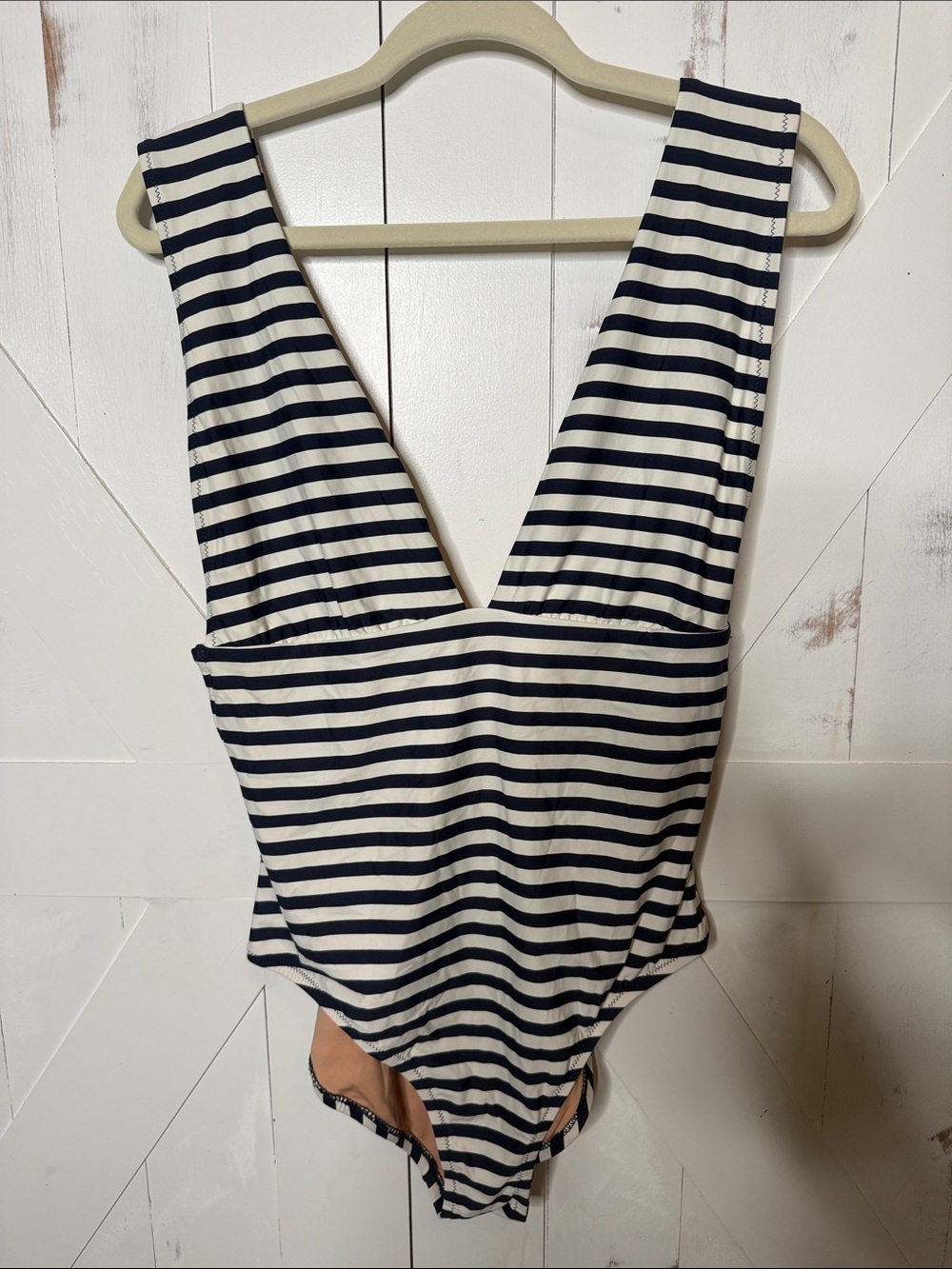 J. Crew Navy White Striped One Piece Swimsuit Deep V - Picture 7 of 12